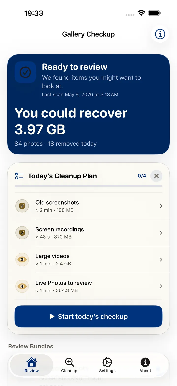 Gallery Checkup review screen on iPhone