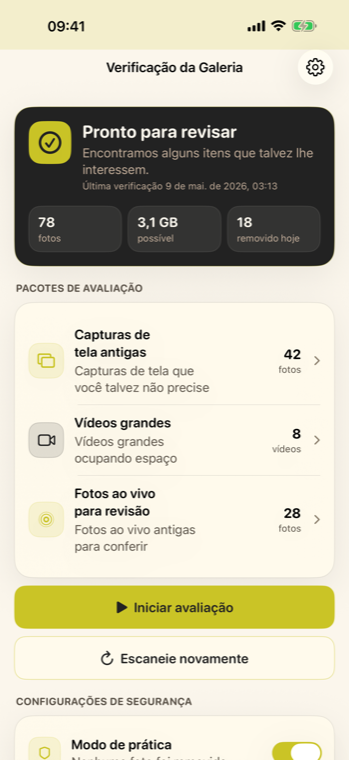Capturas de tela do Gallery Checkup no iPhone mostrando acesso às fotos, pacotes de revisão e controles de revisão uma foto por vez.